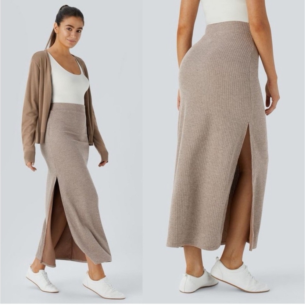 Halara Womens Ribbed High Waisted Side Slit‎ Maxi Skirt Taupe XL NWT Comfy Soft